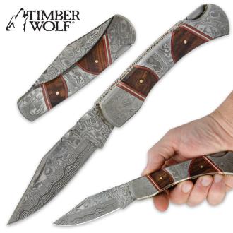 Timber Wolf Inlaid Heartwood and Damascus Pocket Knife
