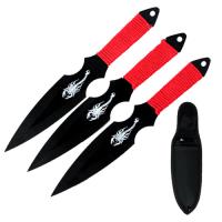A38303-BK - Black Scorpion Throwing Knives with Red Cord WrappedHandle-6.5&quot;