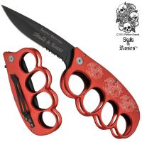 B-162-RD-SKR - Skulls &amp; Roses Buckle Folding Knife Knuckle Duster Extreme Red Knife