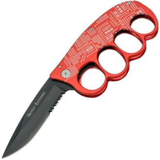 Circuit Board Trigger Action Knuckle Duster Folder Red Serrated
