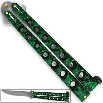 Scoundrel Alloy Balisong Butterfly Knife Green Black Marble Matrix