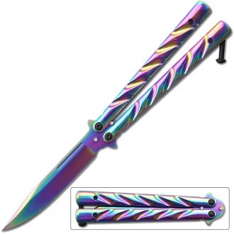 Rainbow Heavy Duty Butterfly Knife Drop Point Twister Handle