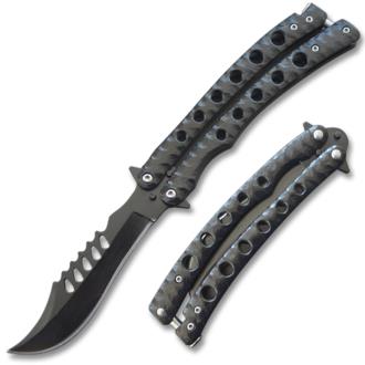 Serrated Swift Balisong Knife Black Curved Blade