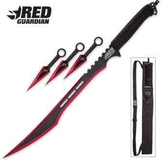 Red Guardian Ninja Sword and Kunai / Throwing Knife Set