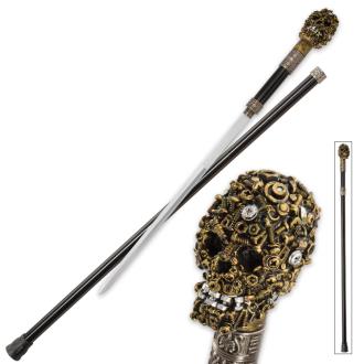 Sprockedermis Sword Cane with Steampunk Style Screw Nut Bolt Covered Skull Handle