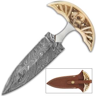 Skull Bone Push Dagger With Sheath Damascus Steel Blade