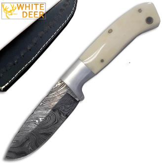 White Deer Damascus Steel Hunting Knife Bone Handle Steel Bolster