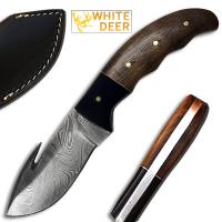 DM-128 - White Deer Damascus Gut Hook Skinner Knife with Wood and Buffalo Horn Handle