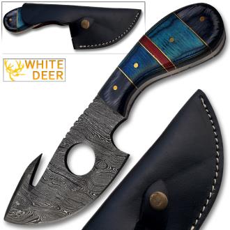 White Deer Damascus Gut Hook Skinner Hunting Knife Hand Made