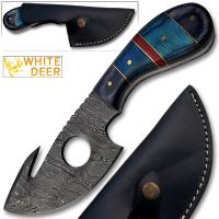 DM-2131 - White Deer Damascus Gut Hook Skinner Hunting Knife Hand Made
