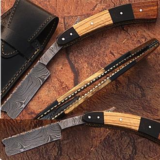 Custom Damascus Steel Straight Razor with Buffalo Horn Olive Wood