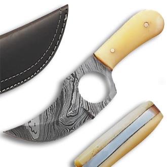 Handmade Damascus Steel Skinner Knife with Finger Hole Bone Handle