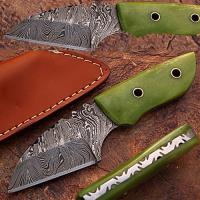 DM-2194 - Custom Made Damascus Steel Skiner Knife Green Colored Camel Bone