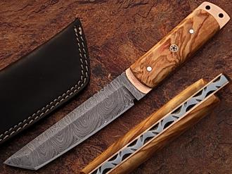 White Deer Damascus Steel Tanto Point Hunting Knife Burl Olive Wood Handle