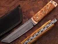 DM-2197 - White Deer Damascus Steel Tanto Point Hunting Knife Burl Olive Wood Handle