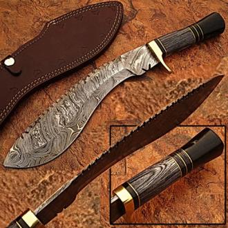 Custom Made Damascus Steel Kukri Knife with Wood and Buffalo Horn