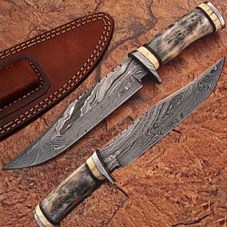 Custom Made Damascus Steel Bowie Knife with Giraffe and Camel Bone