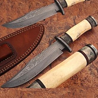Custom Made Damascus Steel Deluxe Hunting Knife with Camel and Giraffe Bone