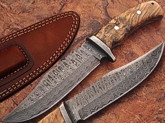 White Deer Damascus Steel Hunting Knife with Burl Olive Wood Handle