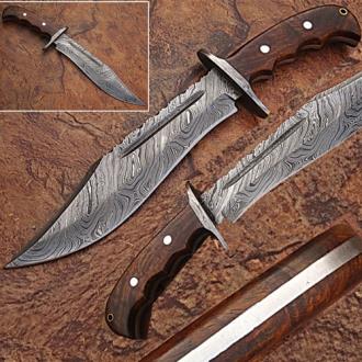 White Deer Damascus Steel Blood Groove Bowie Knife with Rose Wood Handle