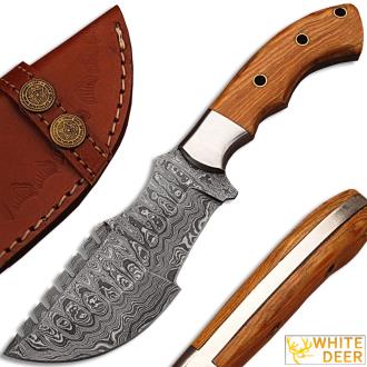 White Deer Custom Made Damascus Tracker Knife with Olive Wood Handle