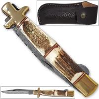 DM-5054 - Tall Mans 11.25in Sicilian Damascus Knife Stag Grips Brass Bolstered