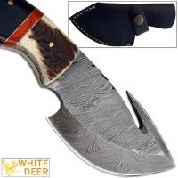 DM-59 - White Deer Guthook Pattern Welded Damascus Steel Tracker Knife Skinner Stag Handle