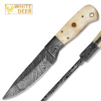 DM-708 - White Deer Handmade Damascus Steel Hunting Knife Limited Edition Camel Bone Grip
