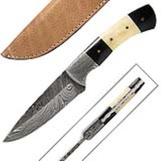 Custom Made Damascus Hunting Knife with Bone and Buffalo Handle