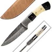 DM-712 - Custom Made Damascus Hunting Knife w/ Bone &amp; Buffalo Handle