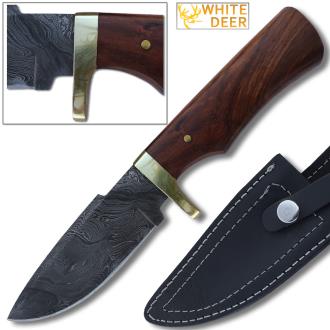 White Deer Elite Tracker Damascus Hunting Knife with Pakka-Wood Handle