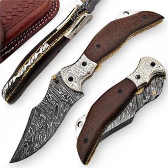 Handcrafted Folding Woodland Hawk Damascus Steel Knife