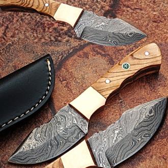 Custom Made Damascus Steel Skinner Knife with Olive Wood Handle