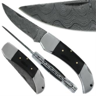Damascus Steel Lockback Polish Black Stag Horn Pocket Knife LP2315 - Knives