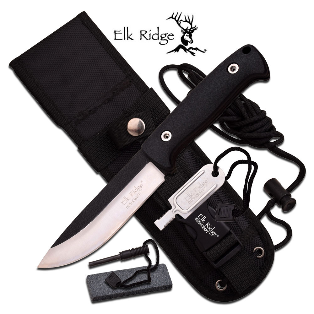 Elk Ridge Tactical Knife Bushcraft Survival Kit with Molle Sheath,  Sharpening Stone, Firesteel, Striker