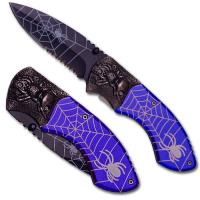 EW-0262BL - Spider Web Tactical Steel Handle Folding Knife Blue