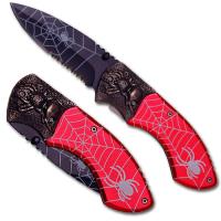 EW-0262RD - Spider Web Tactical Steel Handle Folding Knife Red