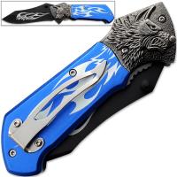 EW-0263BL - Alpha Wolf Super Sharp Knife Tribal Flame Folding Pocket Blue