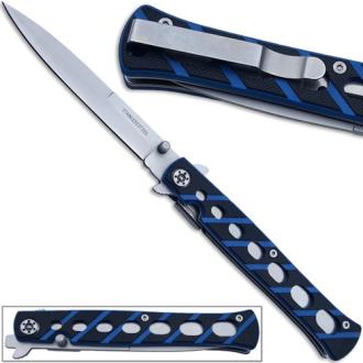 Full Size Slickster Stiletto Switchblade Knife Slim Fox Blue Folding G10 Handle