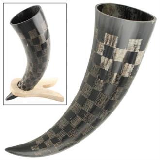 Etched Medieval Drinking Horn with Wooden Stand TR0238OC - Medieval Weapons