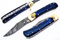 FDM-2004 - Damascus Blue Lever Lock Auto Knife With Blue Frost Wood Handle
