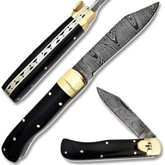 Custom Made Damascus Lever Lock Auto Knife With Buffalo Horn Handle
