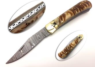 Custom Hand Made Ram Handle Damascus Lever Lock Auto Knife