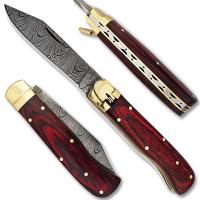 FDM-2010 - Custom Made Damascus Lever Lock Auto Knife With Frost Wood Handle