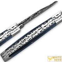 FDM-2388 - White Deer Master Trapper Damascus Knife Blue Giraffe Bone Folding Dual Blade