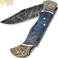 FDM-2390 - White Deer Lockback Damascus Folding Knife Grey Giraffe Bone Handle Engraved Bolster