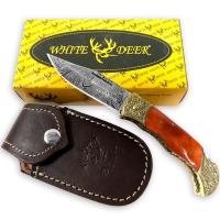FDM-2392 - WHITE DEER Lockback Damascus Folding Knife Orange Giraffe Bone Handle Engraved Bolster