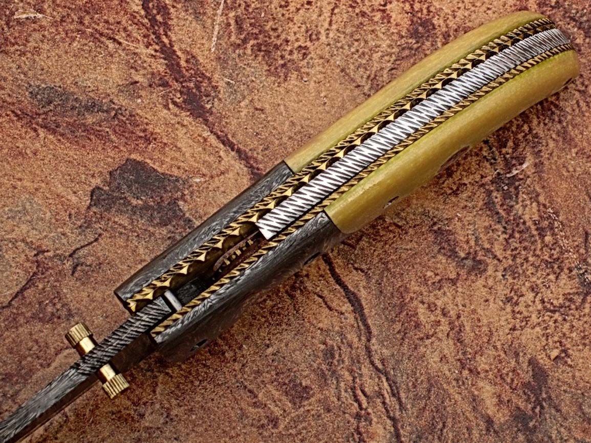 Alaska Mariners Folding Damascus Knife Pattern Welded Bolster Camel