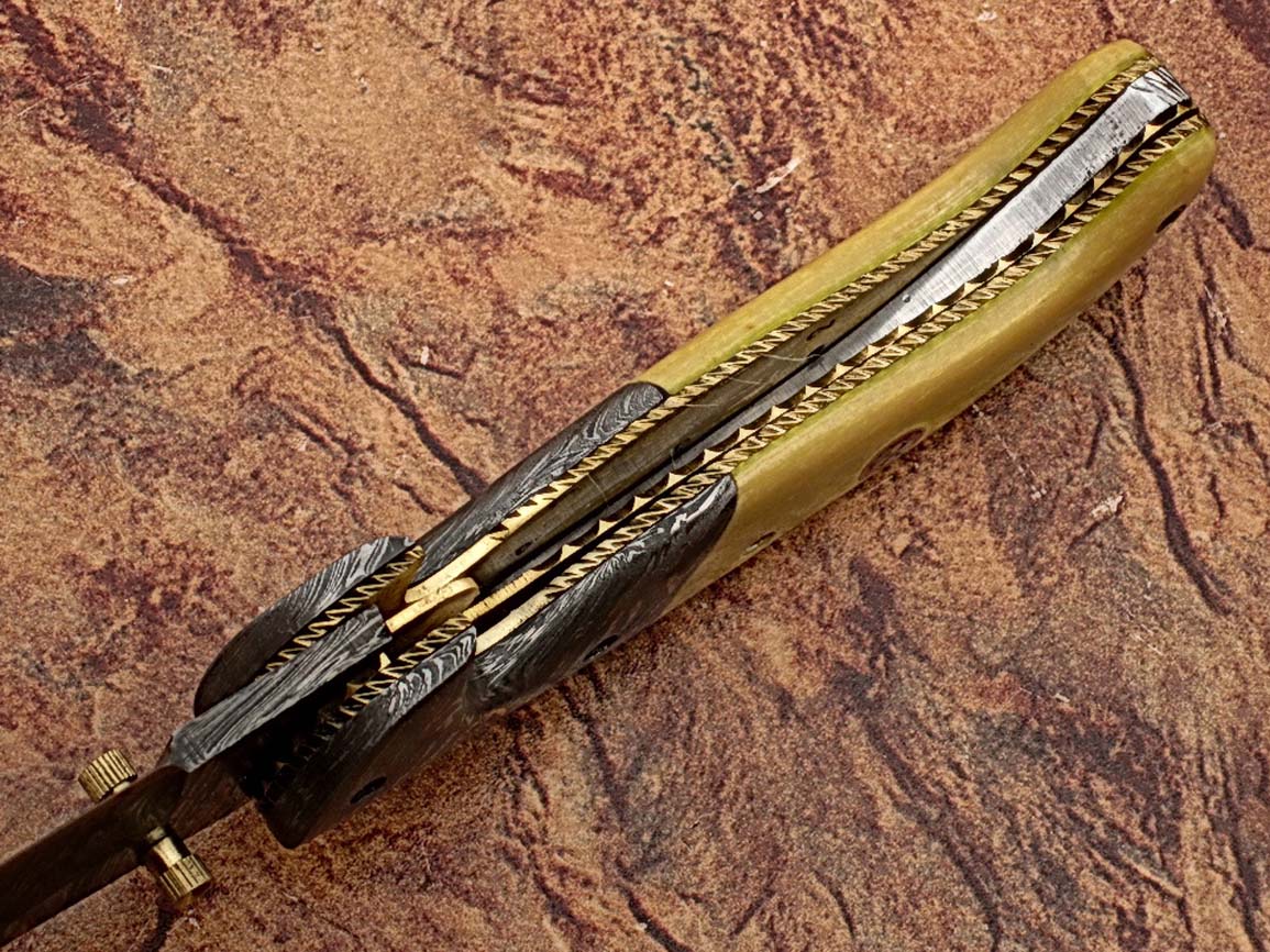 Alaska Mariners Folding Damascus Knife Pattern Welded Bolster Camel