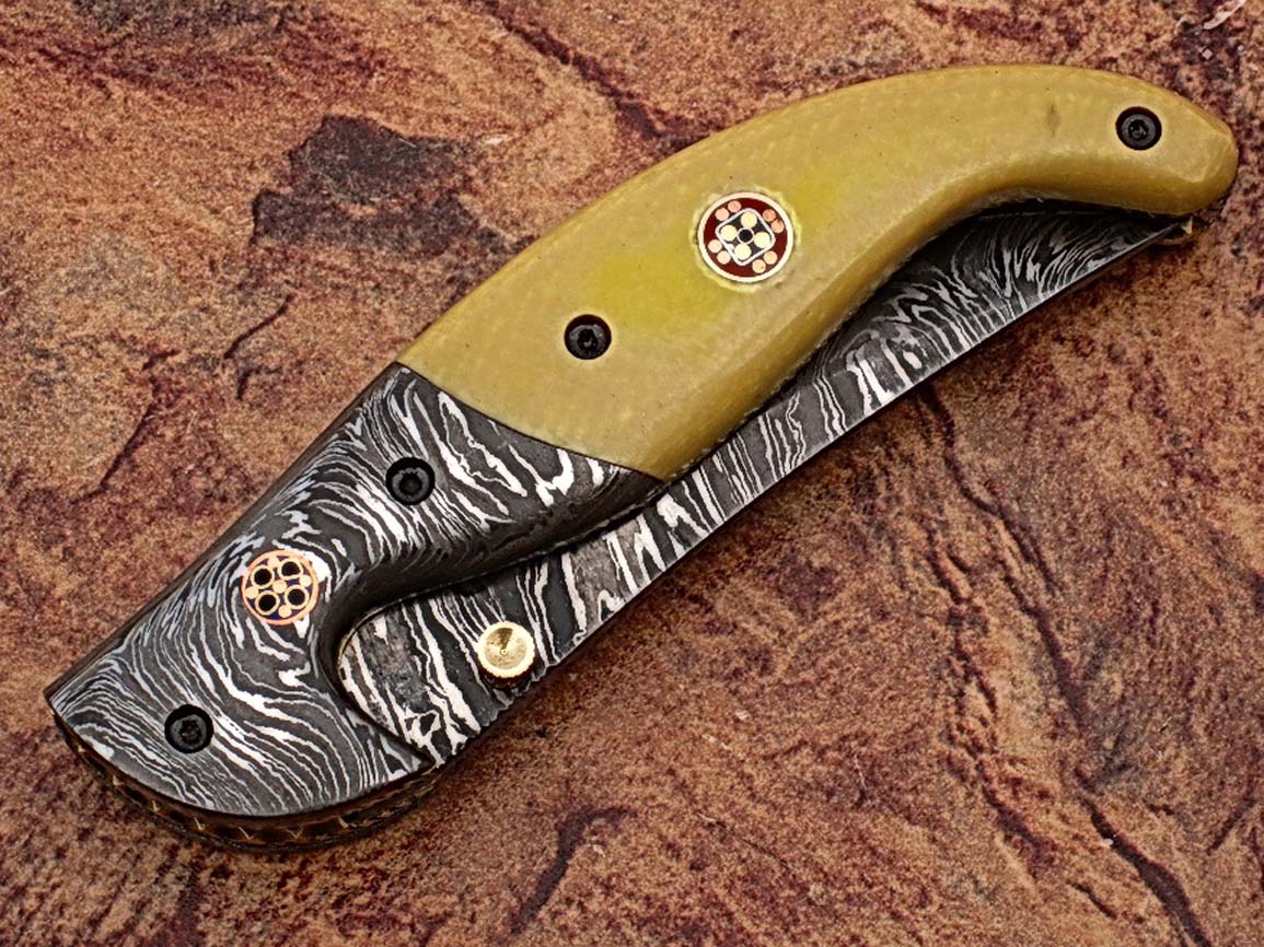Alaska Mariners Folding Damascus Knife Pattern Welded Bolster Camel